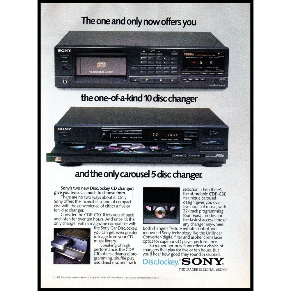 1987 Sony DiscJockey CD Changers Vintage Print Ad Audiophile Stereo Wall Art